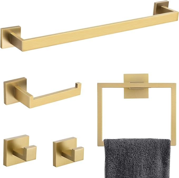 Brushed Gold Towel Bar Set Bathroom Hardware Set, 5 Pieces Gold Bathroom Accessories Set Stainless Steel Wall Mounted Towel Holder for Bathroom 23.6in