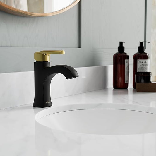 Pfister Vaneri Bathroom Sink Faucet, Single Control, 1-Handle, Single Hole, NSF Certified, Matte Black and Brushed Gold Finish, LF042VRIBBG