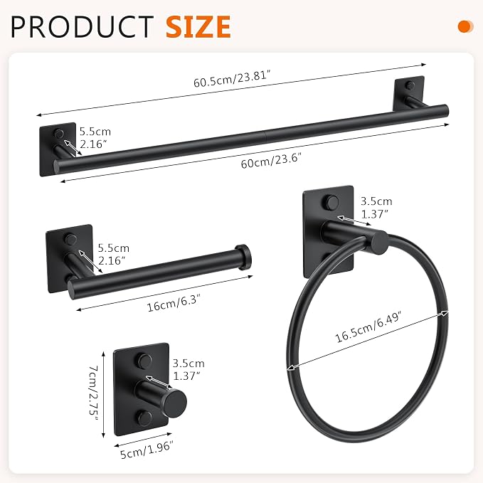 5 Pieces Bathroom Hardware Accessories Set Matte Black Towel Bar Set Stainless Steel Wall-Mounted 23.6 Inch Towel Holder