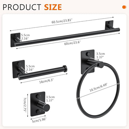 5 Pieces Bathroom Hardware Accessories Set Matte Black Towel Bar Set Stainless Steel Wall-Mounted 23.6 Inch Towel Holder
