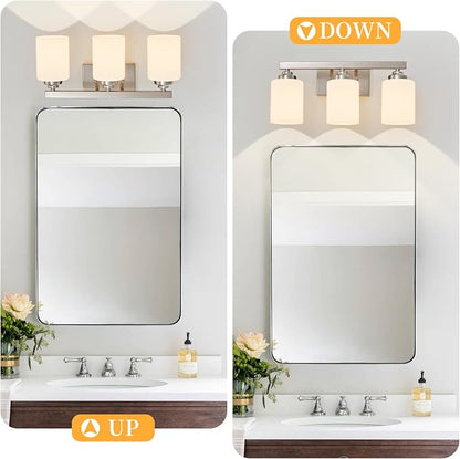 Bathroom Light Fixtures, Vanity Light Over Mirror Nickel 3-Light Fixture | Modern bathroom vanity light fixture with metal frame, ideal for mirrors, bedrooms and hallways. Fits E26 bulbs.