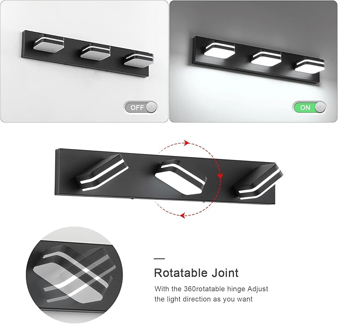 LED Modern Bathroom Vanity Light Fixtures (3-Light, 24-Inch Dimmable), Matte Black Bathroom Wall Lighting Fixtures Over Mirror with Steel Square Shade(Cool White 5500K), ETL Certificated