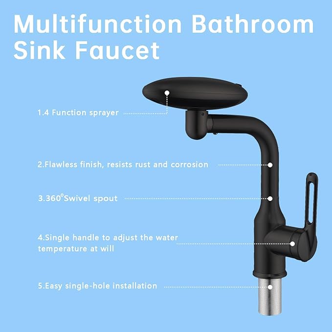 Bathroom Sink Faucet 1 Hole, Matte Black Multifunctional Basin Faucet with 4 Water Outlet Modes, Modern 360°Rotatable Bar Tap with Two Water Supply Pipes