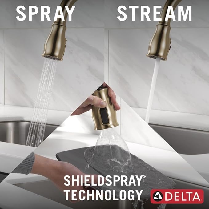 Delta Leland Brushed Gold Kitchen Faucet with Pull Down Sprayer, Traditional Single Hole Kitchen Sink Faucet, Single Handle, Champagne Bronze 9178-CZ-DST