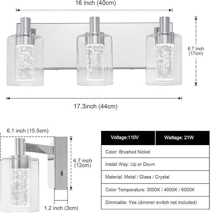 SineRise Vanity Light with 3 Color Modes (3000K/4000K/6000K), Eye Protection LED Bathroom Light Fixture, Dimmable Modern Wall Light Over Mirror with Clear Glass Shade (Chrome, 3-Light)