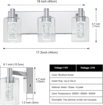 SineRise Vanity Light with 3 Color Modes (3000K/4000K/6000K), Eye Protection LED Bathroom Light Fixture, Dimmable Modern Wall Light Over Mirror with Clear Glass Shade (Chrome, 3-Light)