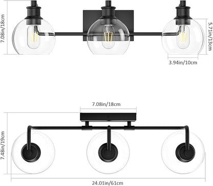 Tipace Black Vintage Bathroom Vanity Light Fixtures Over Mirror Glass Globe 3 Lights Industrial Vanity Lights Farmhouse Bath Lighting(Exclude Bulb)