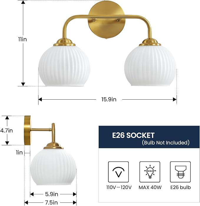 RUIYEY Bathroom Vanity Light Fixtures: 2-Lights Gold Bathroom Lighting Fixtures Over Mirror, 15.9" Mid-Century Modern Wall Sconces with Ribbed Lantern Frosted Glass Shade for Kitchen Bedroom Restroom