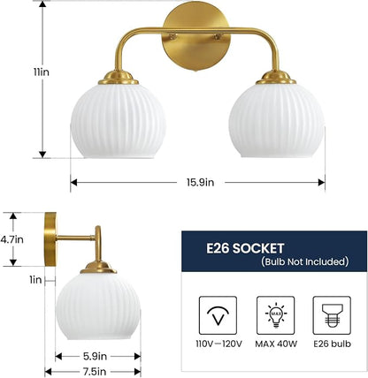 RUIYEY Bathroom Vanity Light Fixtures: 2-Lights Gold Bathroom Lighting Fixtures Over Mirror, 15.9" Mid-Century Modern Wall Sconces with Ribbed Lantern Frosted Glass Shade for Kitchen Bedroom Restroom