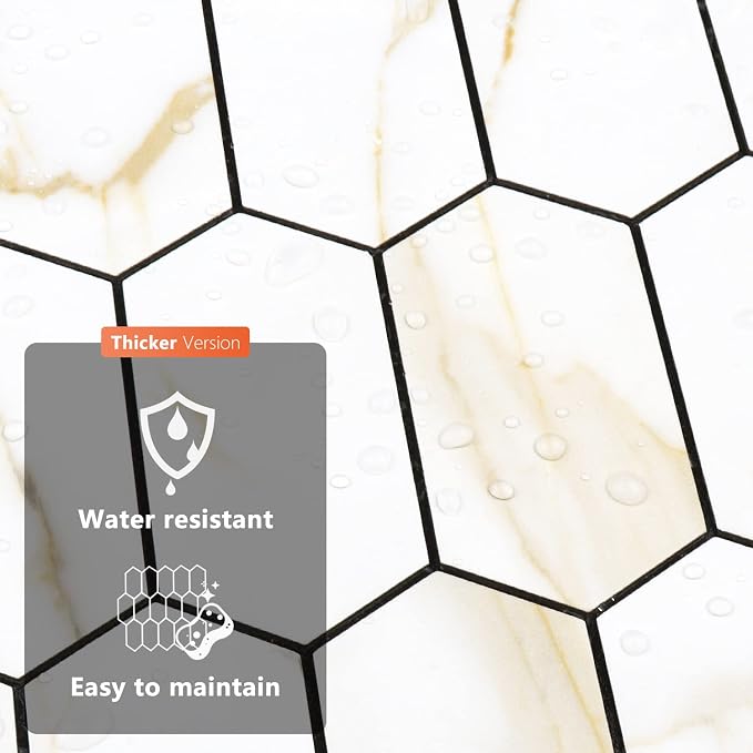 Vamos Tile Long Hexagon Peel and Stick Backsplash Tile - 10 Sheets Stick on Backsplash for Kitchen and Bathroom 12.4 x 12 Inch Calacatta Gold PVC Self Adhesive Mosaic Wall Tiles