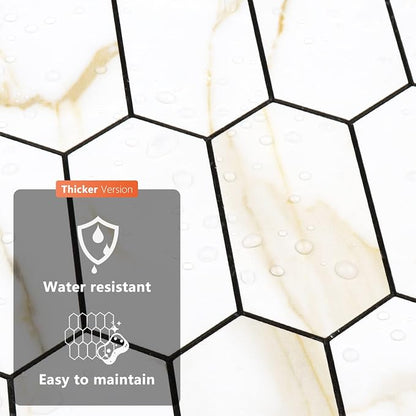 Vamos Tile Long Hexagon Peel and Stick Backsplash Tile - 10 Sheets Stick on Backsplash for Kitchen and Bathroom 12.4 x 12 Inch Calacatta Gold PVC Self Adhesive Mosaic Wall Tiles