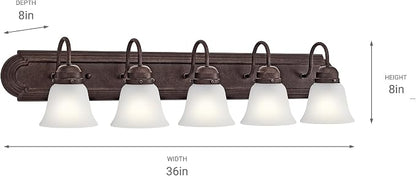 Kichler 5-Light Bathroom Vanity Light, Tannery Bronze | Damp-rated vanity light with satin etched glass (36" x 8" x 5"), 5339TZS