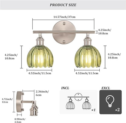 Bathroom Light Fixtures, 2-Light Vanity wall Light Over Mirror with Green Tulip Glass Shade for Bedroom Living Room (Bulb Not Included), Satin Nickel