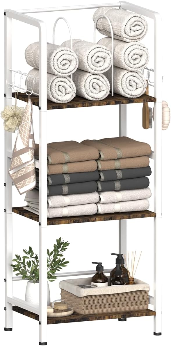 Mondazie Towel Racks for Bathroom Storage Shelves Free Standing, White | 3-Tier Bathroom Towel Rack with Detachable Dividers, Pool Towel Holder Stand with 8 Hooks, Bath Towel Organizer for Poolside