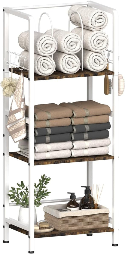 Mondazie Towel Racks for Bathroom Storage Shelves Free Standing, White | 3-Tier Bathroom Towel Rack with Detachable Dividers, Pool Towel Holder Stand with 8 Hooks, Bath Towel Organizer for Poolside