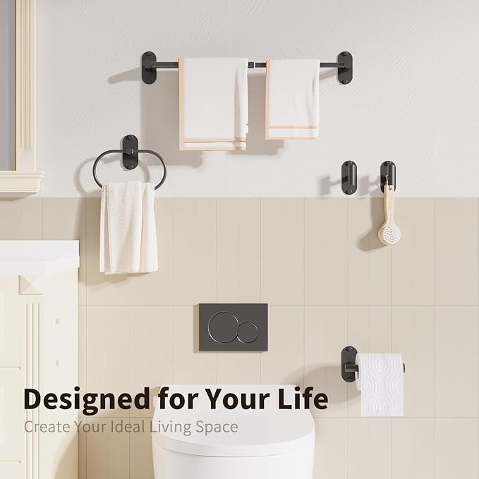 5-Piece Bathroom Hardware Set, Adhesive or Drill Wall Mount, Black | Adjustable Towel Bar, Toilet Paper Holder, Towel Ring, 2 Towel Hook, 304 Stainless Steel Bathroom Accessories Set