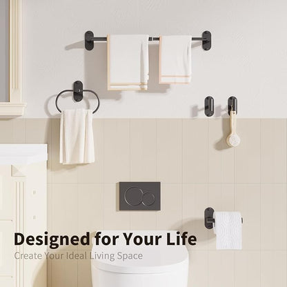 5-Piece Bathroom Hardware Set, Adhesive or Drill Wall Mount, Black | Adjustable Towel Bar, Toilet Paper Holder, Towel Ring, 2 Towel Hook, 304 Stainless Steel Bathroom Accessories Set
