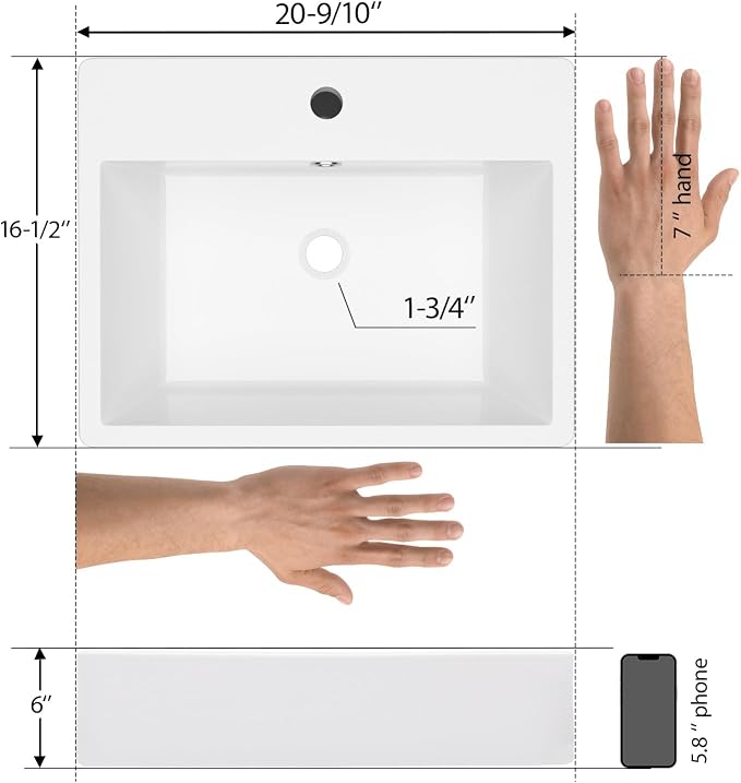 Mocoloo 21"x16" Wall Mounted Bathroom Sink White Rectangle Porcelain ADA Compliant Ceramic Bathroom Sinks Floating Vanity Sink for Lavatory Room Basin
