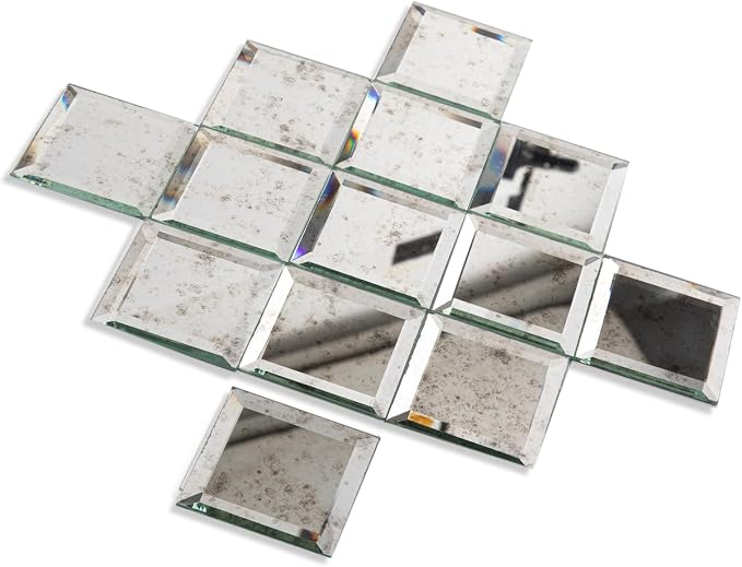 Peel and Stick Mirror Backsplash, Light Antique, 3x3 Inch, Beveled Mirror Square Kitchen Bar Wall Tile (2 Sq.ft, 32 Pcs)