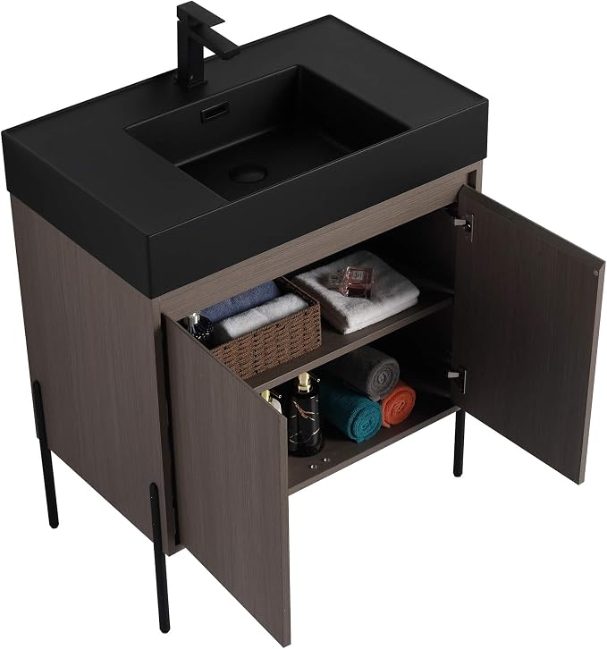 Crownpoint 30 Inch Bathroom Vanity with Sink, Black Sink, Gray Oak Finish, Full Assembly Required, Elegant Bathroom Vanities for Modern Homes