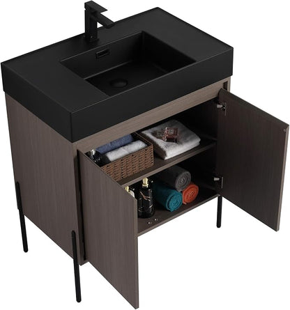 Crownpoint 30 Inch Bathroom Vanity with Sink, Black Sink, Gray Oak Finish, Full Assembly Required, Elegant Bathroom Vanities for Modern Homes