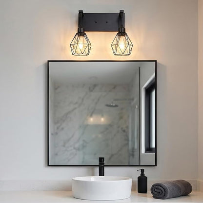 Somniferous Farmhouse Bathroom Light Fixtures, 2 Light Bathroom Vanity Light Over Mirror, Black Bathroom Light with Caged Metal Shade, Rustic Wall Sconce for Bedroom, Living Room, Hallway, E26 Socket
