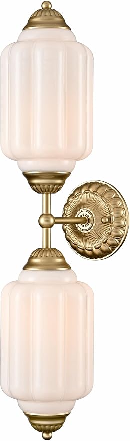 Vintage 2-Light Milk Glass Gold Wall Sconce with Brass Finish | Art Deco Vanity Light, Wall Lighting Dimmable for Bathroom Living Room Hallway Bedroom