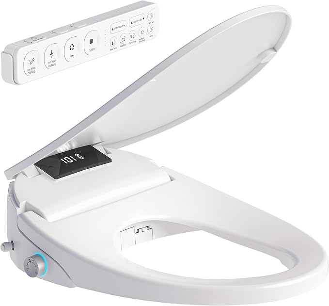 Electric Heated Bidet Toilet Seat with Remote, Elongated, X60L | Instant Warm Water, Heated Seat, Warm Air Drying, Slow Close Lid, LED Display, Nightlight