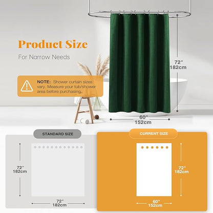 BTTN 60 Inch Stall Fabric Shower Curtain - Linen Textured Heavy Duty Shower Curtain Set with 10 Plastic Hooks, Narrow Waterproof Decorative Curtains for Bathroom and Bathtubs - 60x72 - Emerald Green