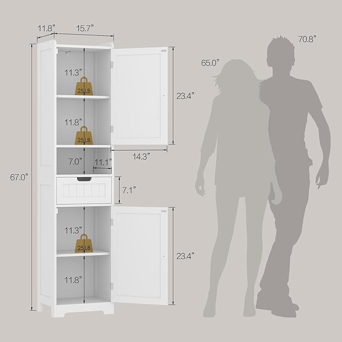 TidyHaven 67” Tall Bathroom Storage Cabinet, Slim Narrow Organizer with Adjustable Shelves, 2 Doors & 1 Drawer, Freestanding Floor Cabinet for Small Spaces, Kitchen, Living Room, White