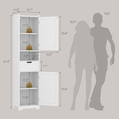 TidyHaven 67” Tall Bathroom Storage Cabinet, Slim Narrow Organizer with Adjustable Shelves, 2 Doors & 1 Drawer, Freestanding Floor Cabinet for Small Spaces, Kitchen, Living Room, White