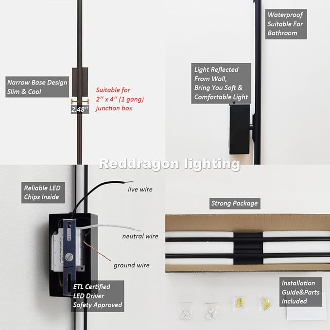 Only Suitable for Small Junction Box Set of 2 Minimalist Long Tube Linear LED Wall Sconce Hardwired 48 Inch Vanity Wall Light for Living Room Corridor Bathroom Bedroom (2 Pack, 48'', Black, Dimmable)