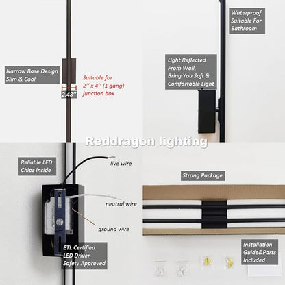 Only Suitable for Small Junction Box Set of 2 Hardwired Dimmable Long Black Tube Wall Sconce Linear Vanity Wall Light for Bathroom Bedroom Living Room Hallway (2 Pack, 32'', Black, Dimmable)