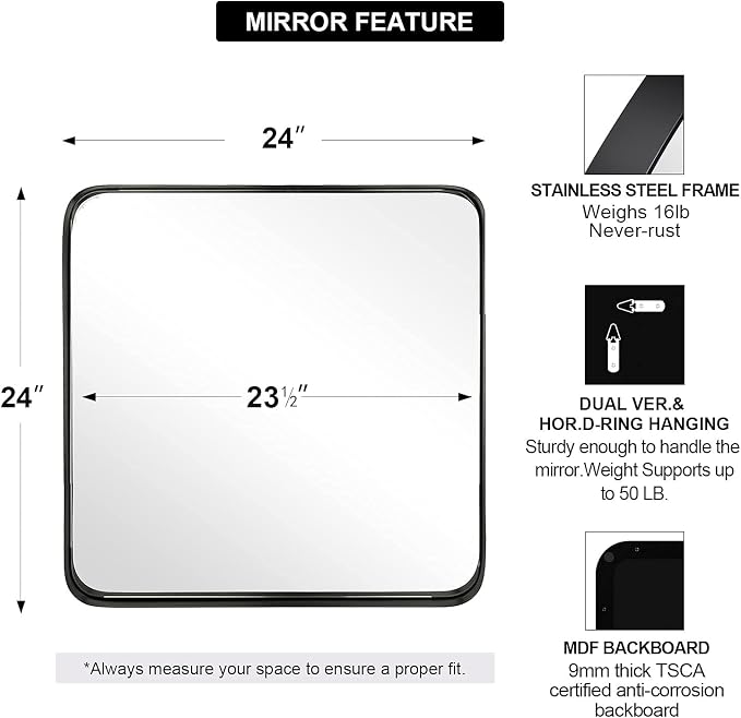 Square Wall Mirror for Bathroom, 24”x24” Matte Black Bathroom Mirror, Rounded Corner Metal Mirror in Premium Stainless Steel Frame Hangs Horizontal Or Vertical