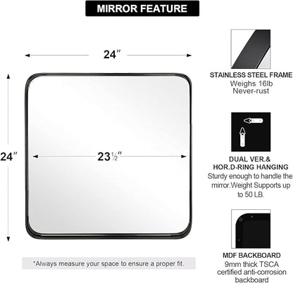 Square Wall Mirror for Bathroom, 24”x24” Matte Black Bathroom Mirror, Rounded Corner Metal Mirror in Premium Stainless Steel Frame Hangs Horizontal Or Vertical