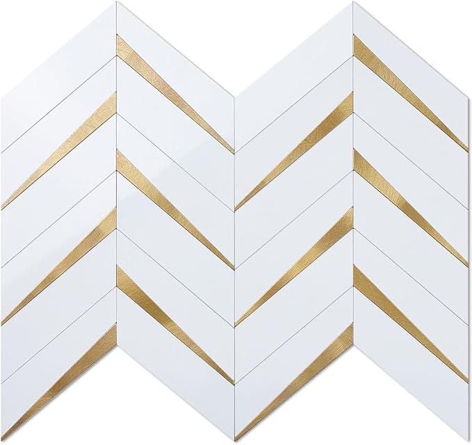 DICOFUN 1 Sheet Polished White Herringbone Peel and Stick Backsplash for Kitchen, PVC Mixed Metal Gold Chevron Stick on Backsplash Wall Tiles