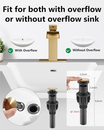 Waterfall Bathroom Faucet 1 Hole, Single Hole Bathroom Faucet, Single Handle Vanity Sink Faucet with Deck Plate, Pop-up Drain & Supply Lines, Gold