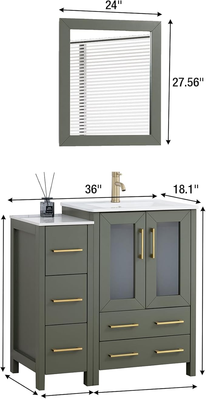 HOMEBEYOND 36 Inch Modern Bathroom Vanity with Sink & Mirror, Single Vanity Cabinet with Basin and Mirror, Dove-Tailed Drawers, Soft-Closing Doors, Wood, Vintage Green