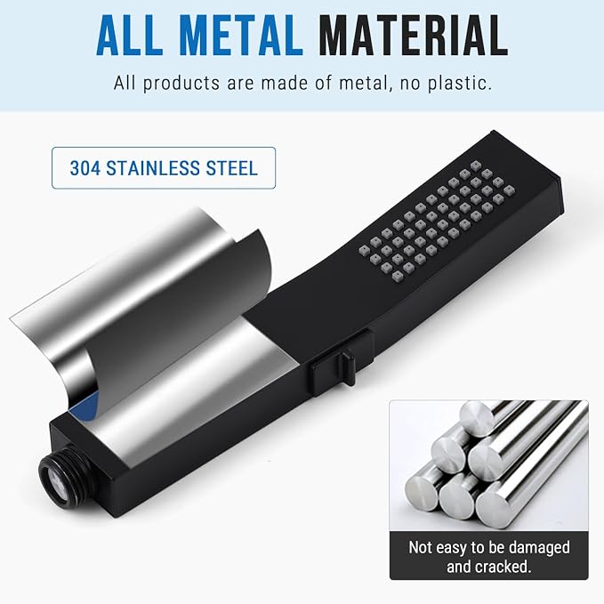 G-Promise All Metal Square Handheld Head with Power Wash Mode (Matte Black) | All Metal Construction, Powerful Wash Mode, Side Push Switch, Modern Look, Simple to Install