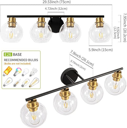 Bathroom Light Fixtures Over Mirror 4-Lights Bathroom Vanity Light with Clear Glass Shade 29.5 inch Modern Wall Sconce Black and Gold Vanity Lighting for Bath