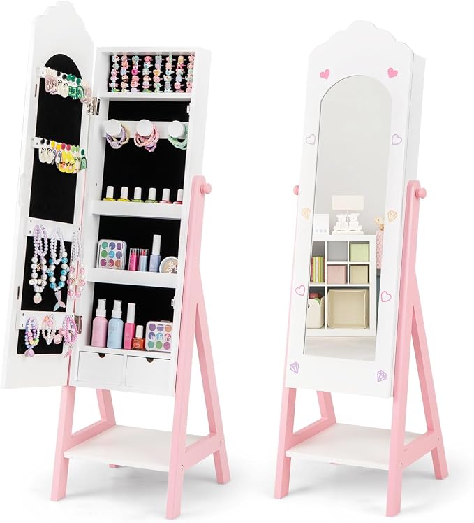 CHARMAID Kids Jewelry Organizer with Full Length Mirror, Standing Jewelry Armoire with Drawers and Storage Shelves, Kids Dress Up Mirror Jewelry Cabinet for Girls Gift (White)