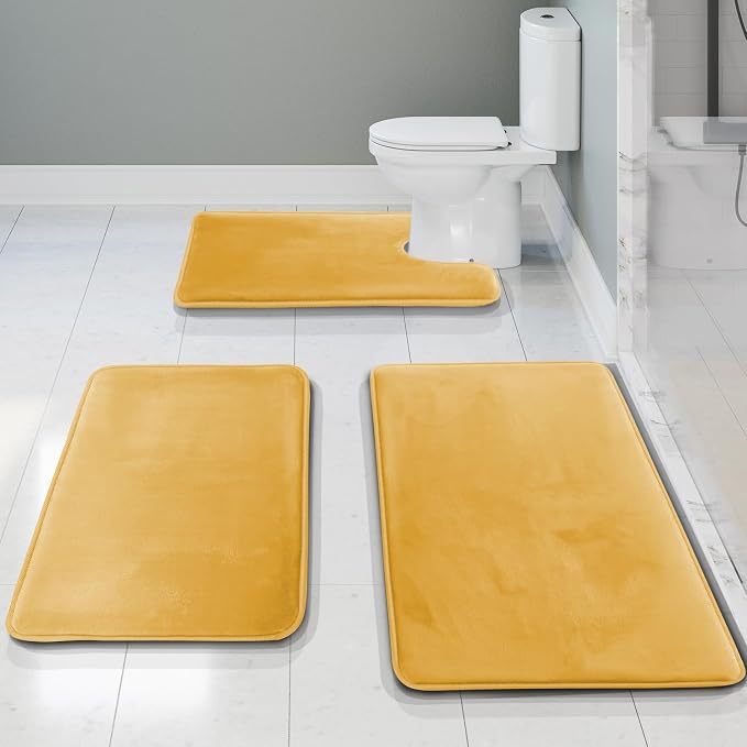 Clara Clark Bathroom Rug Set, 3 Piece Velvet Memory Foam Bath Mats with Non-Slip PVC Backing, Gold