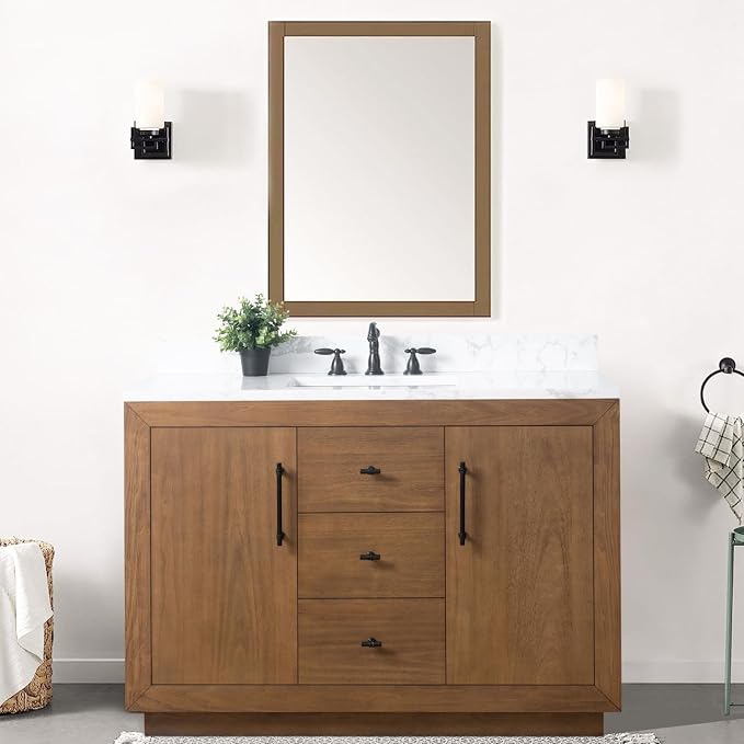 Vanity Art 48 inch Bathroom Vanity with Single Sink, Modern Wood Bath Vanity with Carrara Marble Top, Vanity Cabinet with Doors， Removable Shelf, Solid Wood Frame, Ceramic Sink, Tan, VA7048E