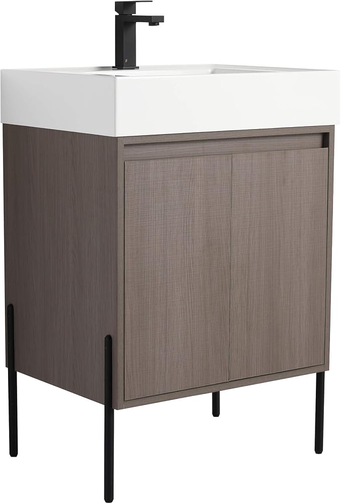 Crownpoint 24 Inch Bathroom Vanity with Sink, White Sink, Gray Oak Finish, Full Assembly Required, Elegant Bathroom Vanities for Modern Homes