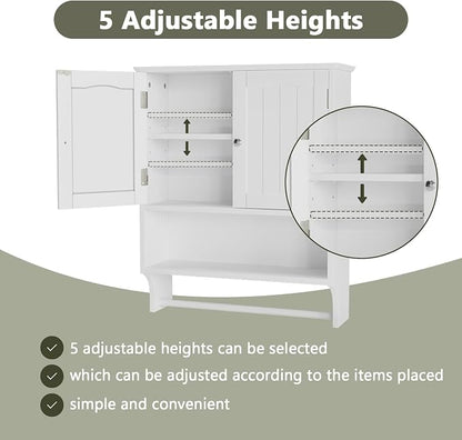 Smuxee White Bathroom Cabinet Wall Mounted with Towels Bar, Bathroom Medicine Cabinet with 2 Door Adjustable Shelves, Over Toilet Cabinet for Bathroom Laundry Room Kitchen