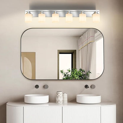 Modern Bathroom Lighting Fixtures Over Mirror, Vanity Lights for Bathroom, Wall Sconces with Milky White Glass Shades, E26 Ceramic Socket, 6-Light 43-inch Chrome