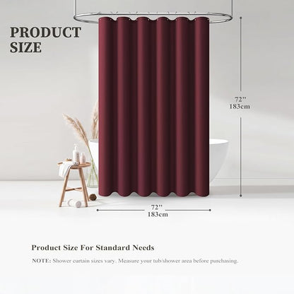 Burgundy Linen Textured Waterproof Fabric Shower Curtain Set, 72x72 | 230GSM Polyester, Heavy Duty Cloth, Weighted Hem, 12 Plastic Hooks, Modern Hotel Style, Machine Washable, Bathroom Decor