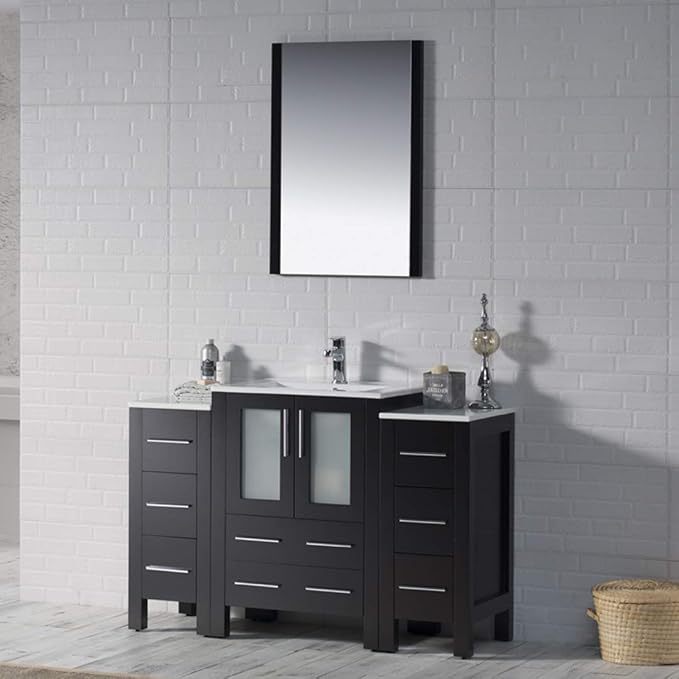 Blossom 48 in. Bathroom Vanity with Sink and Side Cabinet - Solid Wood Espresso Sink Vanity - 18-Inch Deep Narrow Footprint - Modern Tempered Glass Doors - High-End Master Bath Suite