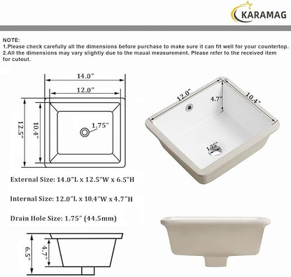 14 Inch Undermount Bathroom Sink Rectangle Small Undermount Sink White Ceramic Under Counter Bathroom Sinks with Overflow (14.0"x12.5")