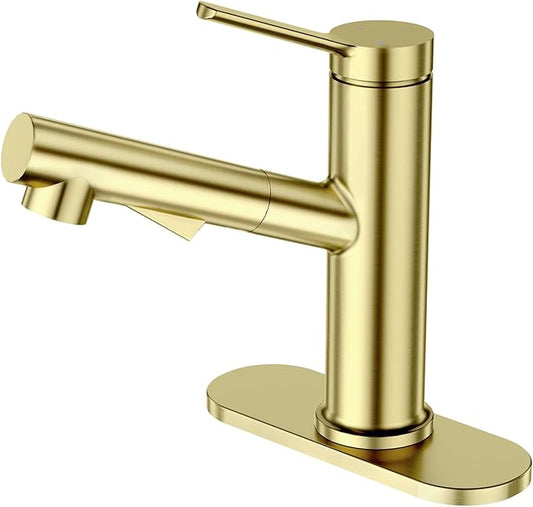 Faustina Light Gold Bathroom Faucet with Pull Out Sprayer, Gold Vanity Faucet for Bathroom or Laundry, Stainless Steel Single Handle with Deck Plate for 1 or 3 Hole, Brushed Finish